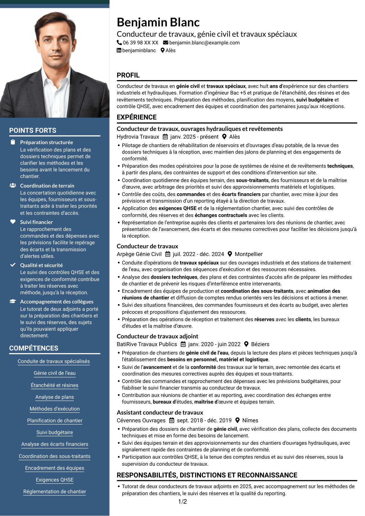 CV Signature (format à colonne latérale colorée avec grande photo) : Conducteur de travaux - Travaux spéciaux et génie civil, page 1