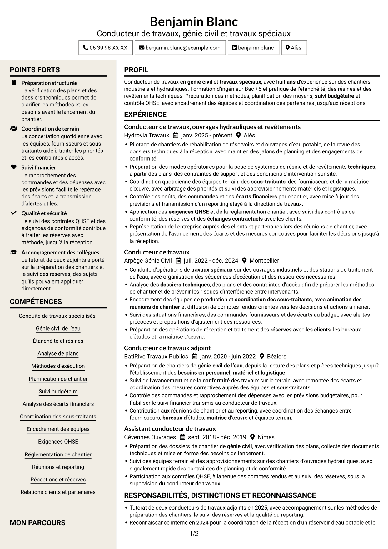 CV Fonceur (format à deux colonnes avec en-tête centré sans photo) : Conducteur de travaux - Travaux spéciaux et génie civil, page 1
