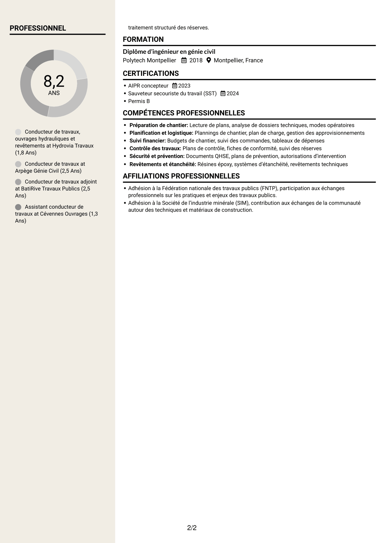 CV Fonceur (format à deux colonnes avec en-tête centré sans photo) : Conducteur de travaux - Travaux spéciaux et génie civil, page 2