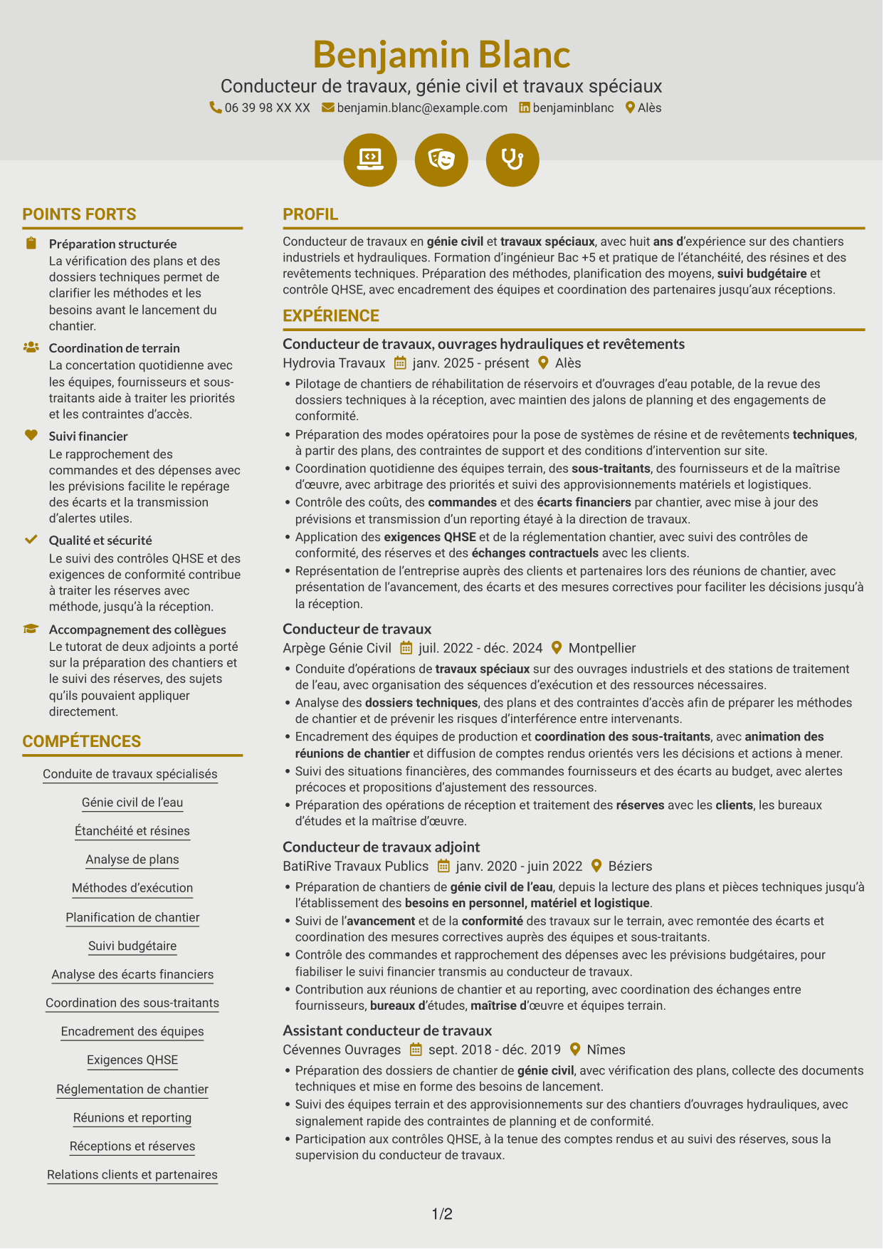 CV Dynamique (format à deux colonnes avec icônes) : Conducteur de travaux - Travaux spéciaux et génie civil, page 1