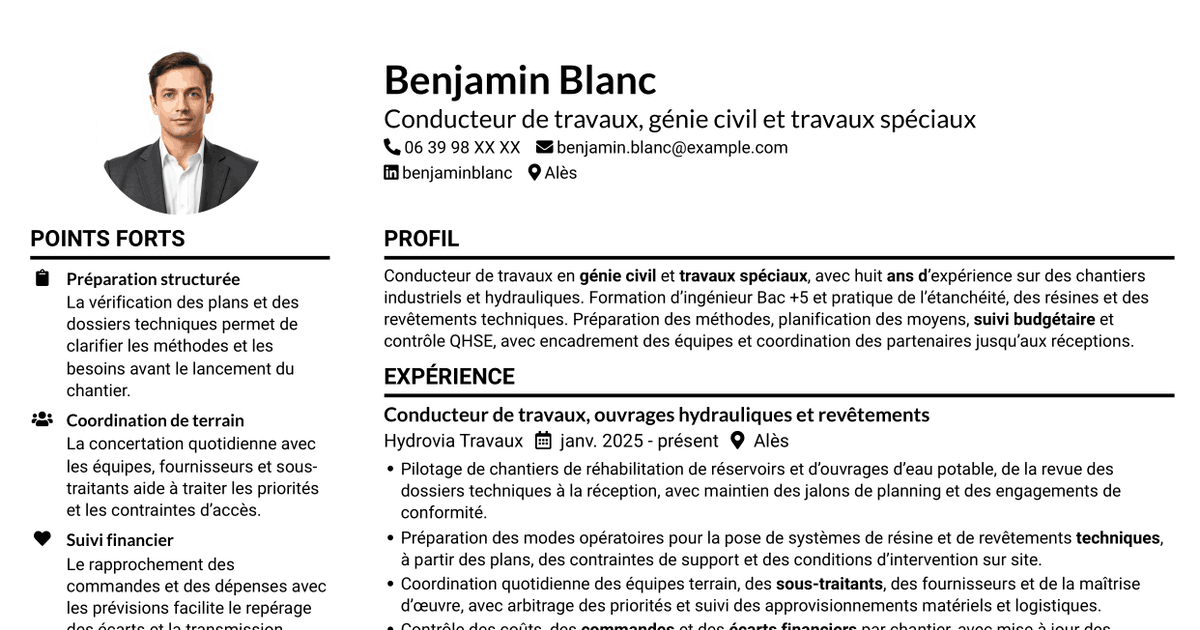 7 modèles de CV pour Conducteur de travaux - Travaux spéciaux et génie civil, avec exemples