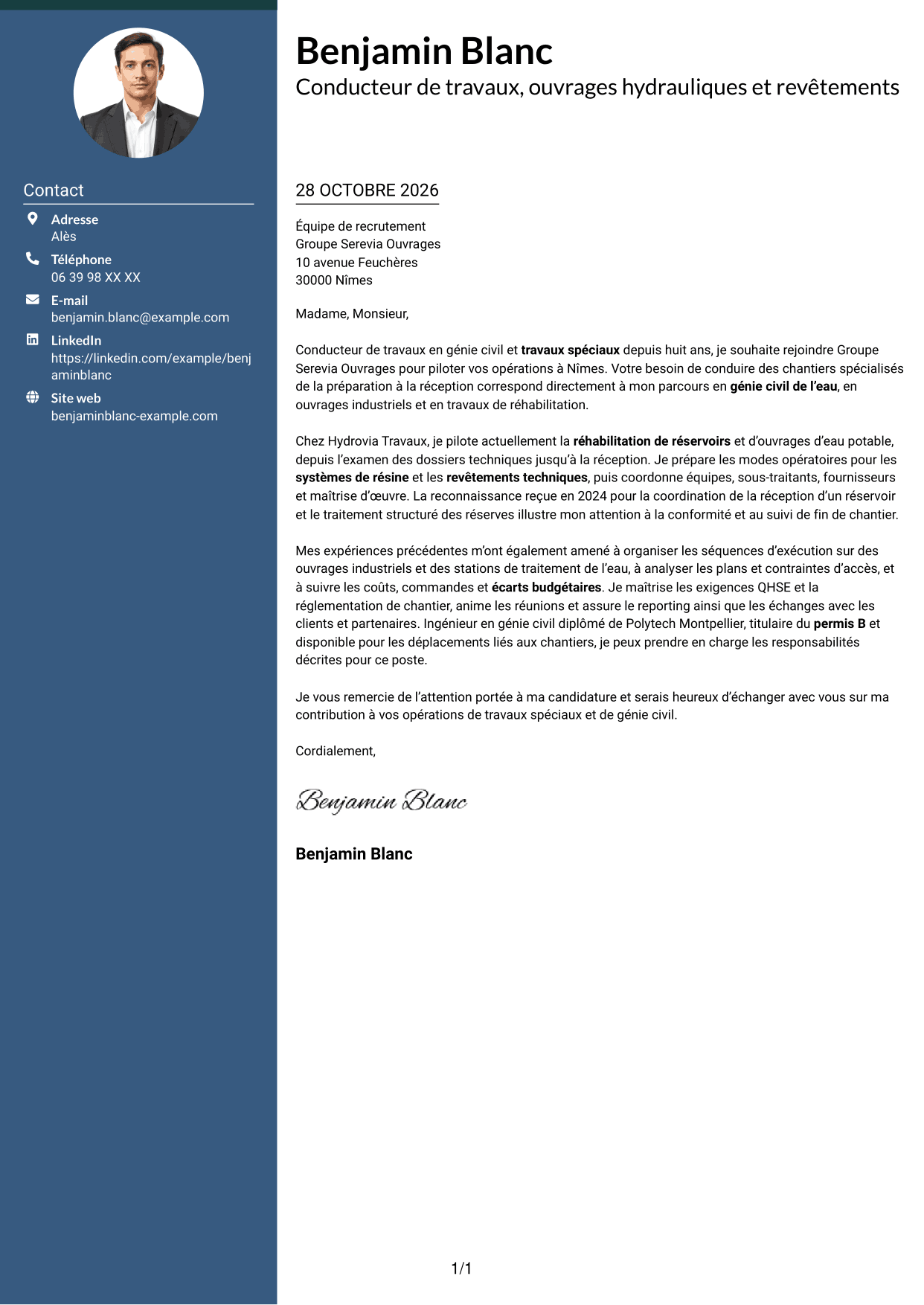 Lettre de motivation Élégant (format à colonne latérale colorée avec photo) : Conducteur de travaux - Travaux spéciaux et génie civil, page 1