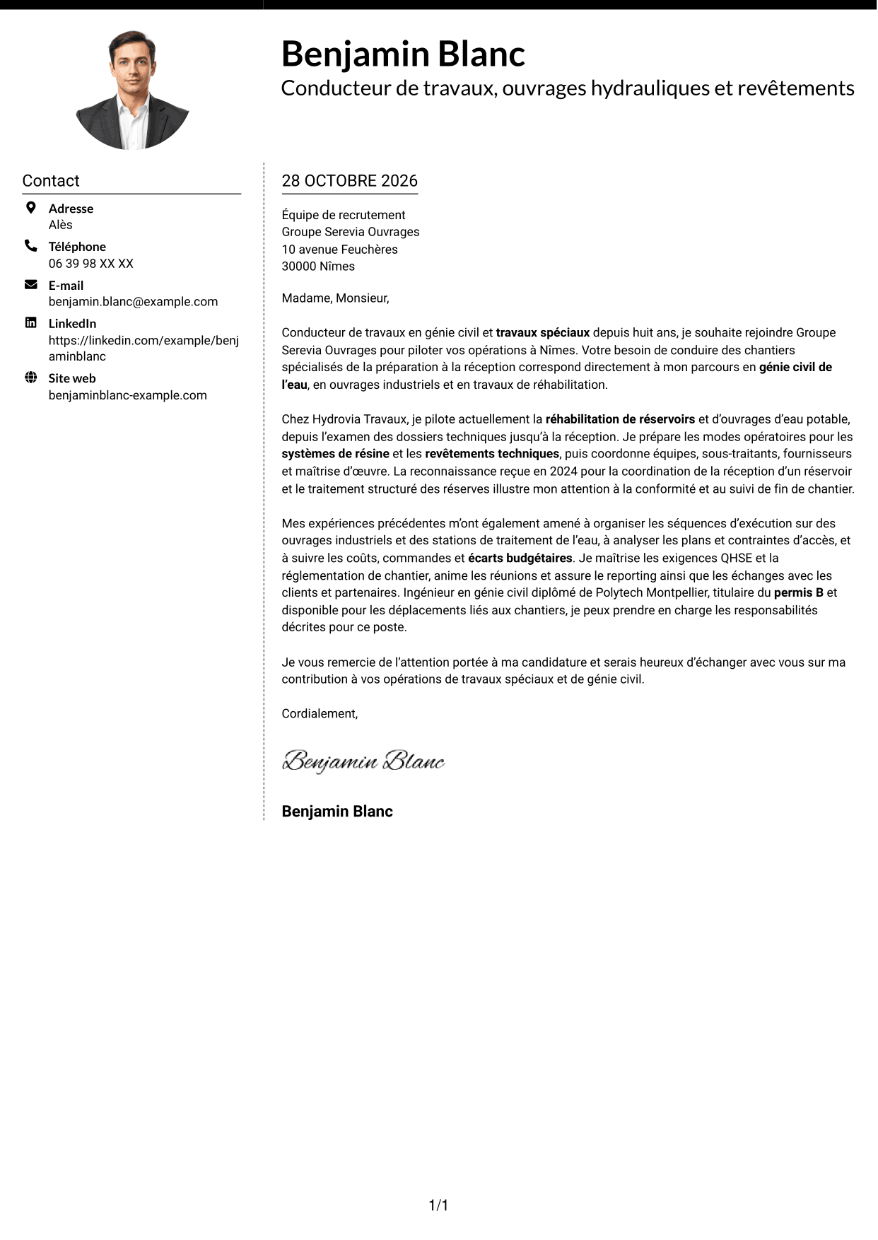 Lettre de motivation Moderne (format à deux colonnes avec photo à gauche et séparateur) : Conducteur de travaux - Travaux spéciaux et génie civil, page 1