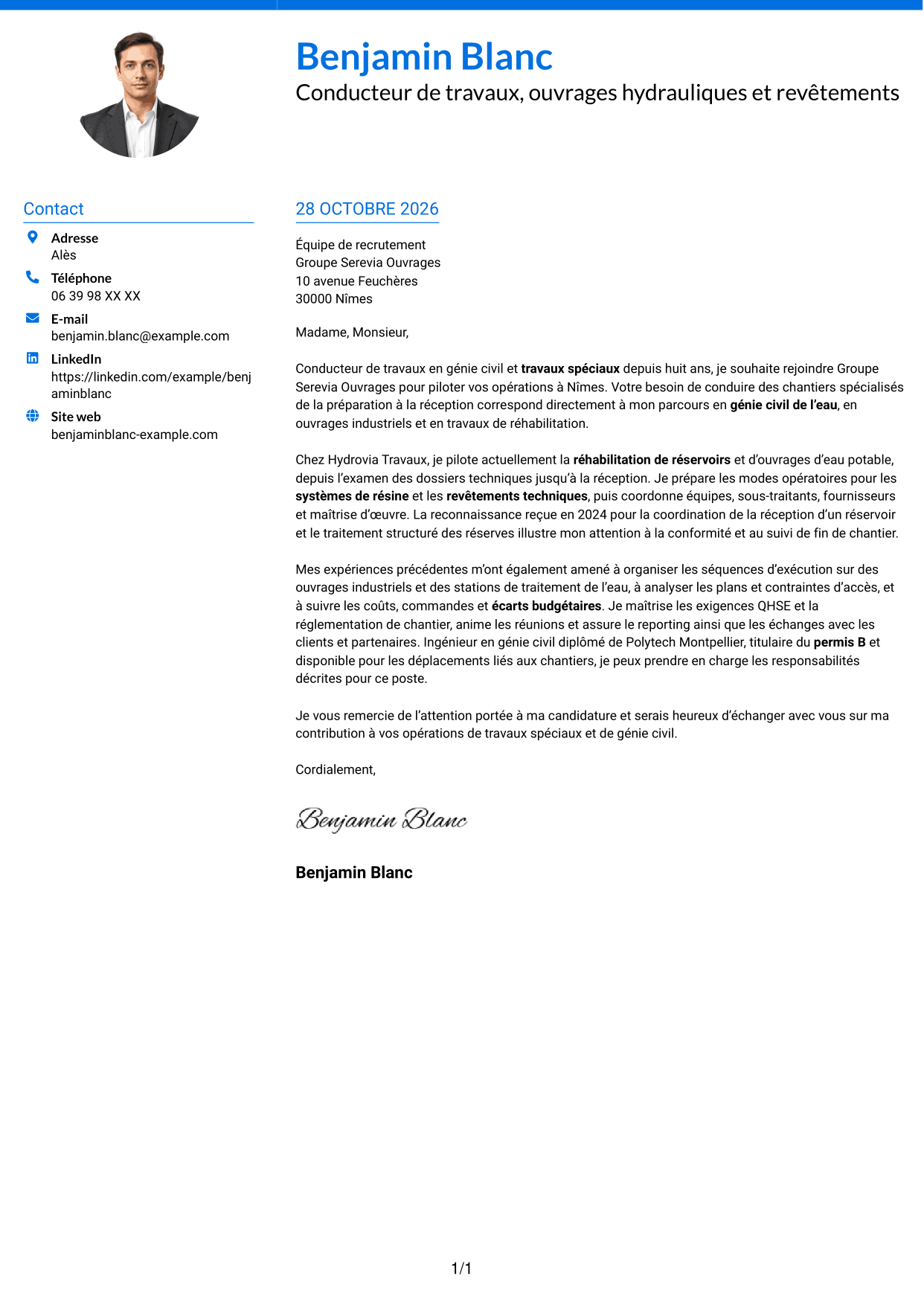 Lettre de motivation Audacieux (format à deux colonnes avec accents colorés et photo) : Conducteur de travaux - Travaux spéciaux et génie civil, page 1