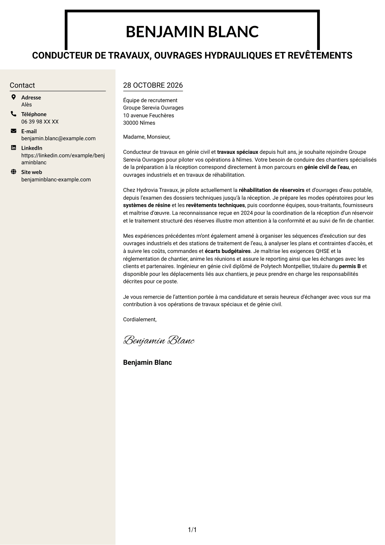 Lettre de motivation Fonceur (format à deux colonnes avec en-tête centré sans photo) : Conducteur de travaux - Travaux spéciaux et génie civil, page 1