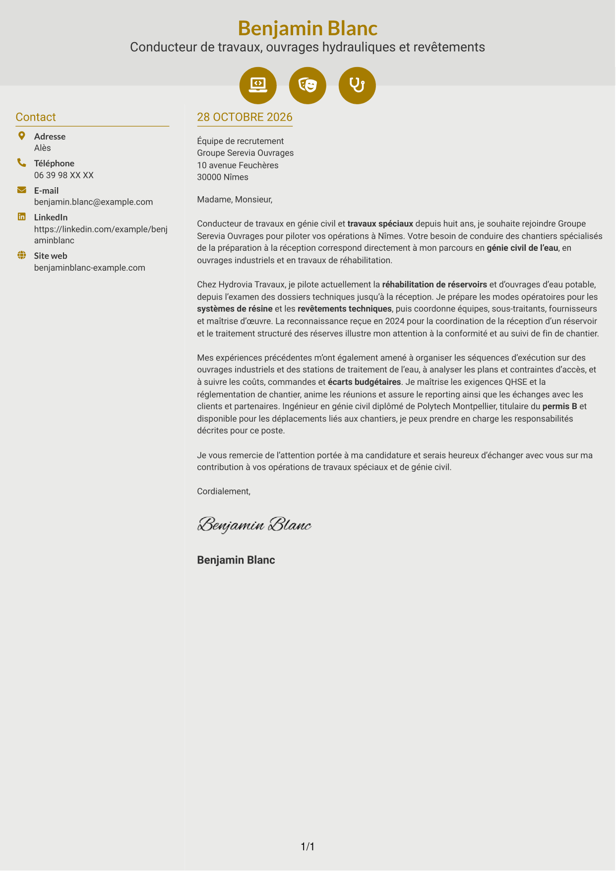 Lettre de motivation Dynamique (format à deux colonnes avec icônes) : Conducteur de travaux - Travaux spéciaux et génie civil, page 1