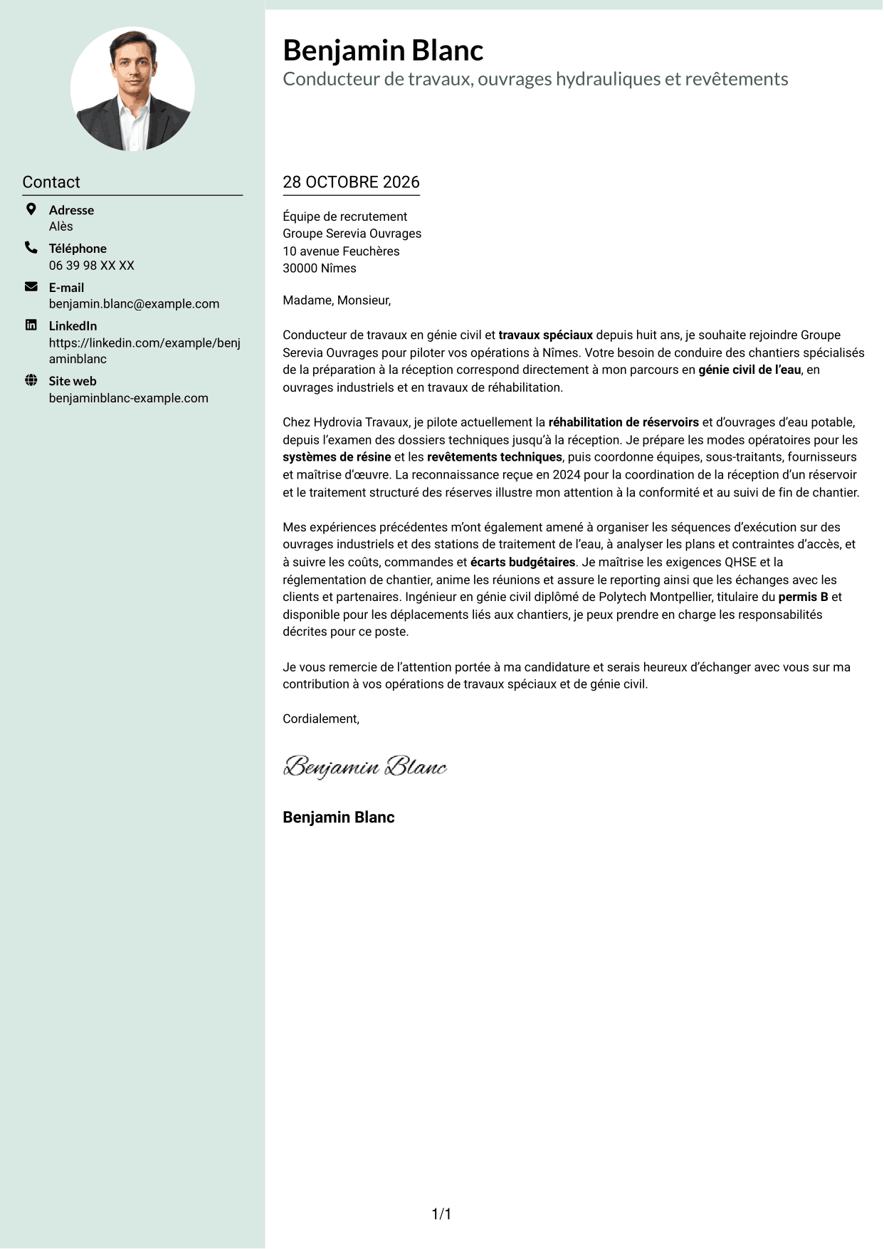 Lettre de motivation Cadre (format à colonne latérale douce avec photo arrondie) : Conducteur de travaux - Travaux spéciaux et génie civil, page 1