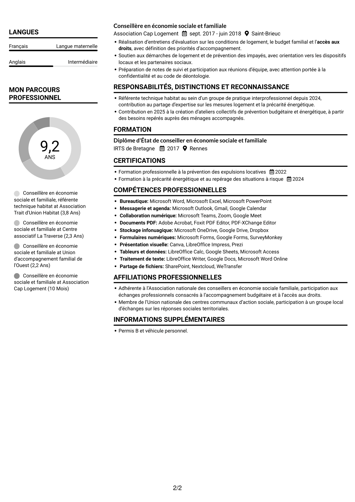 CV Compact (format sobre à deux colonnes avec photo) : Conseillère en économie sociale et familiale - Logement et budget, page 2