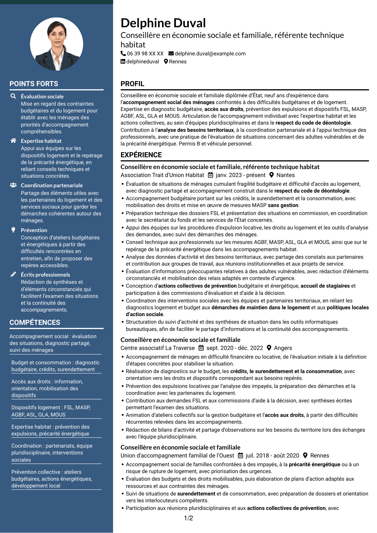 CV Élégant (format à colonne latérale colorée avec photo) : Conseillère en économie sociale et familiale - Logement et budget, page 1