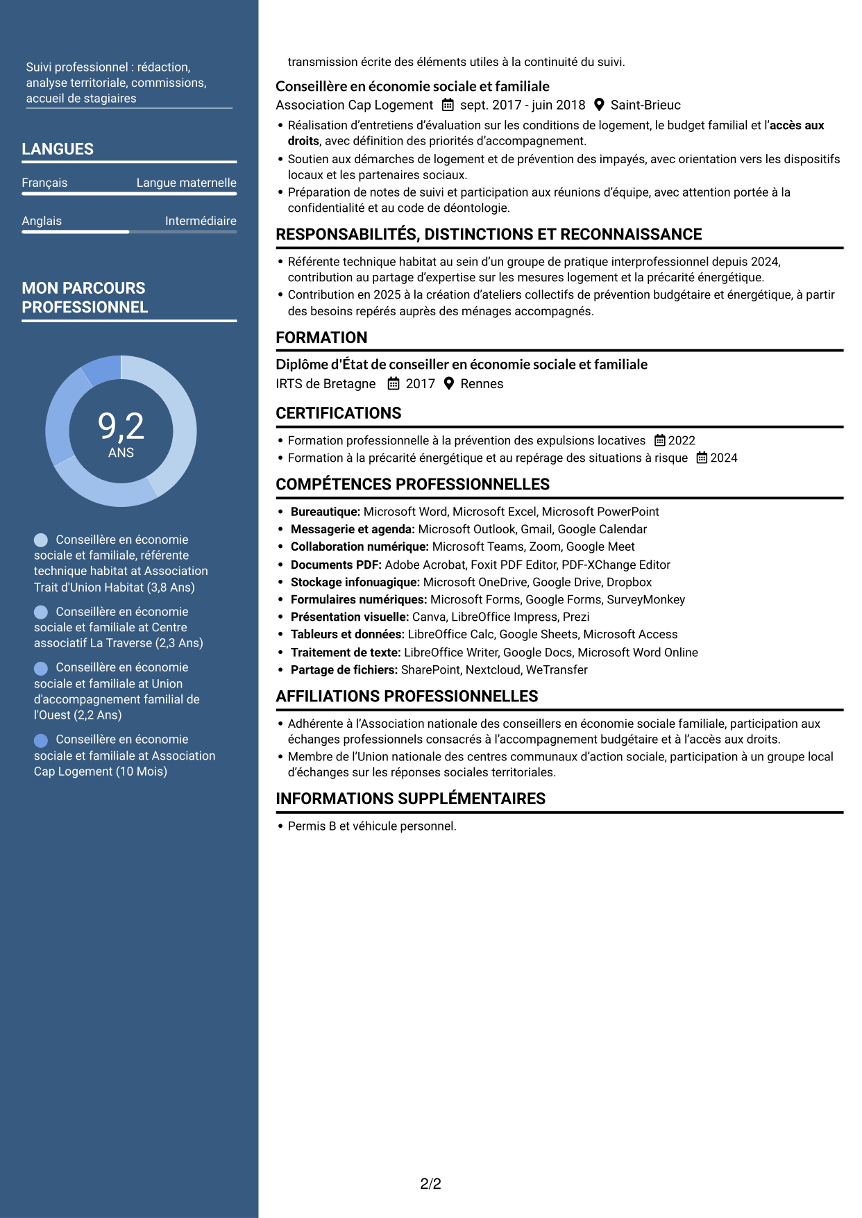 CV Élégant (format à colonne latérale colorée avec photo) : Conseillère en économie sociale et familiale - Logement et budget, page 2