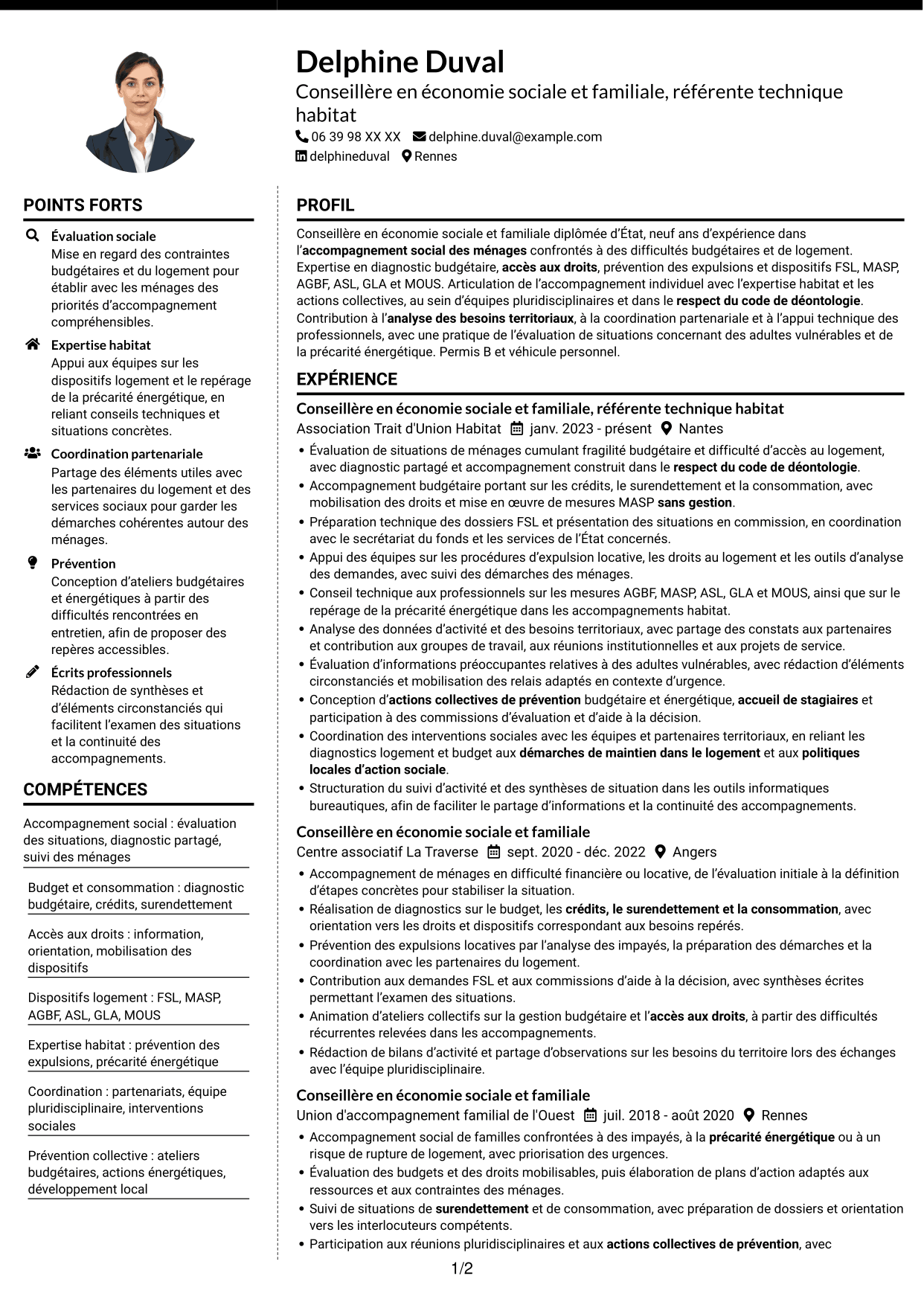 CV Moderne (format à deux colonnes avec photo à gauche et séparateur) : Conseillère en économie sociale et familiale - Logement et budget, page 1