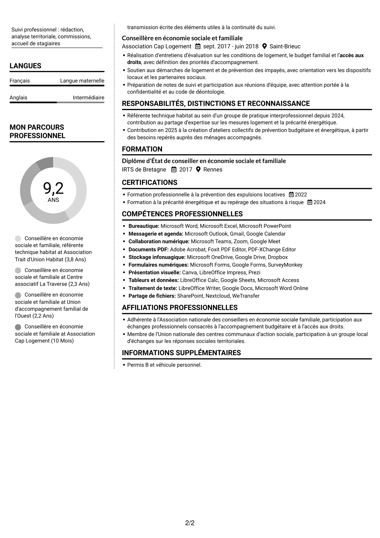 CV Moderne (format à deux colonnes avec photo à gauche et séparateur) : Conseillère en économie sociale et familiale - Logement et budget, page 2