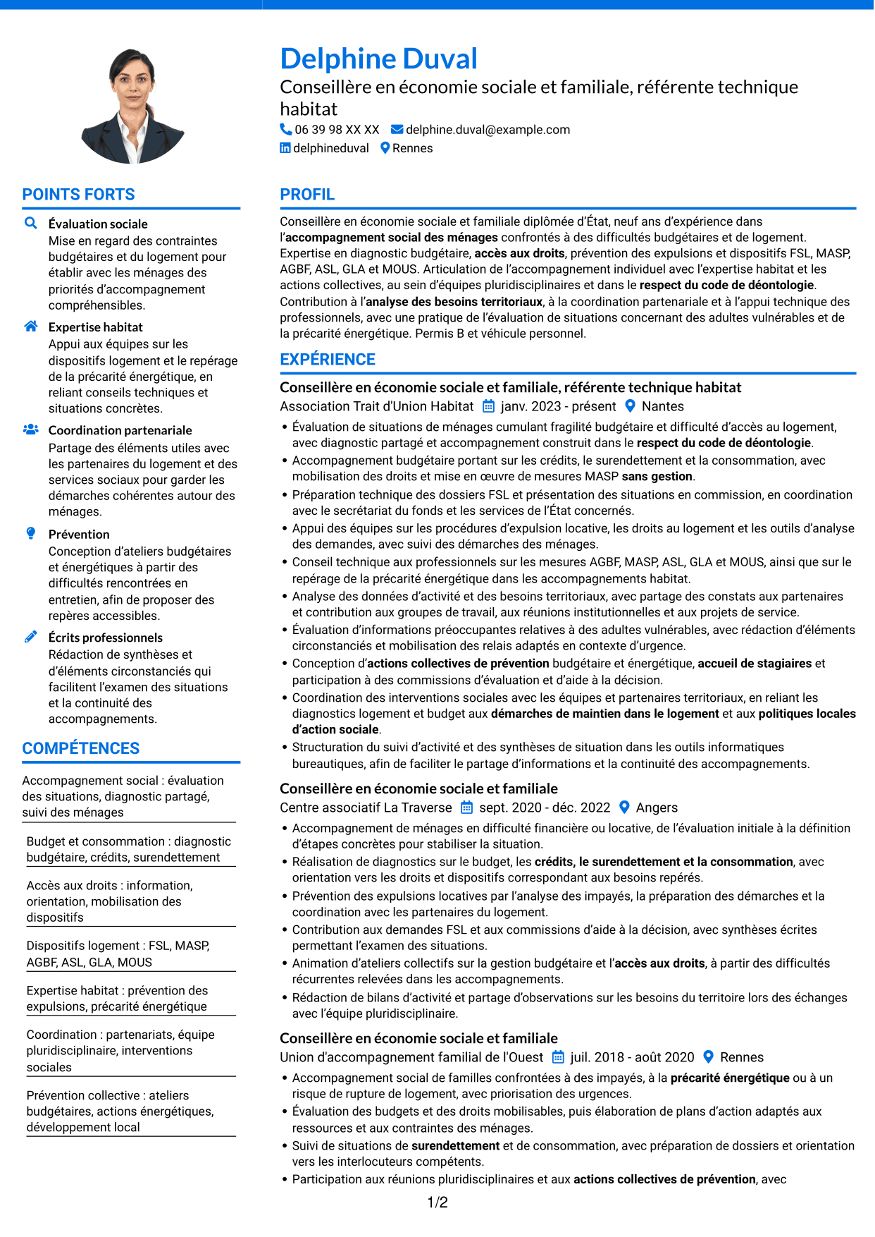 CV Audacieux (format à deux colonnes avec accents colorés et photo) : Conseillère en économie sociale et familiale - Logement et budget, page 1
