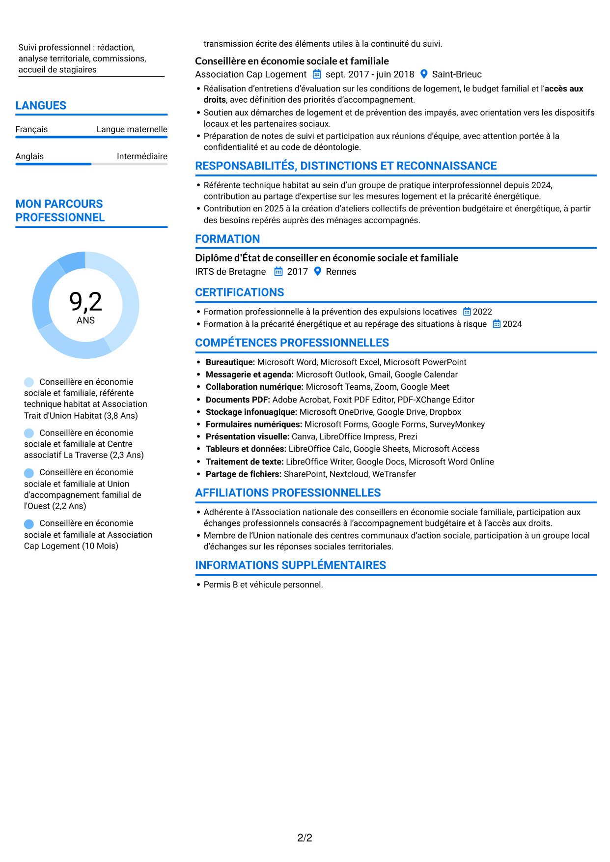 CV Audacieux (format à deux colonnes avec accents colorés et photo) : Conseillère en économie sociale et familiale - Logement et budget, page 2