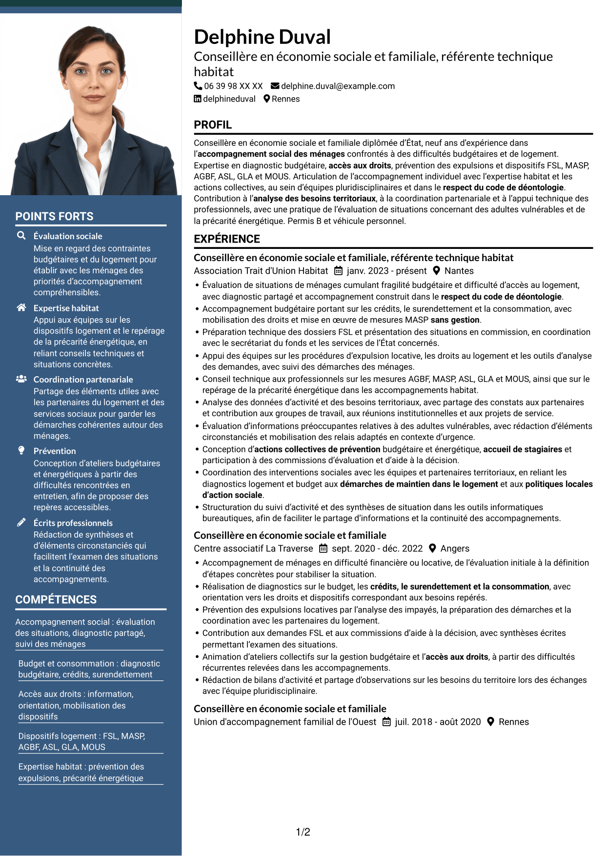 CV Signature (format à colonne latérale colorée avec grande photo) : Conseillère en économie sociale et familiale - Logement et budget, page 1