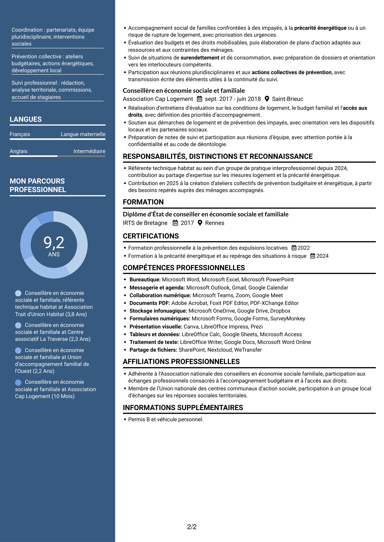 CV Signature (format à colonne latérale colorée avec grande photo) : Conseillère en économie sociale et familiale - Logement et budget, page 2