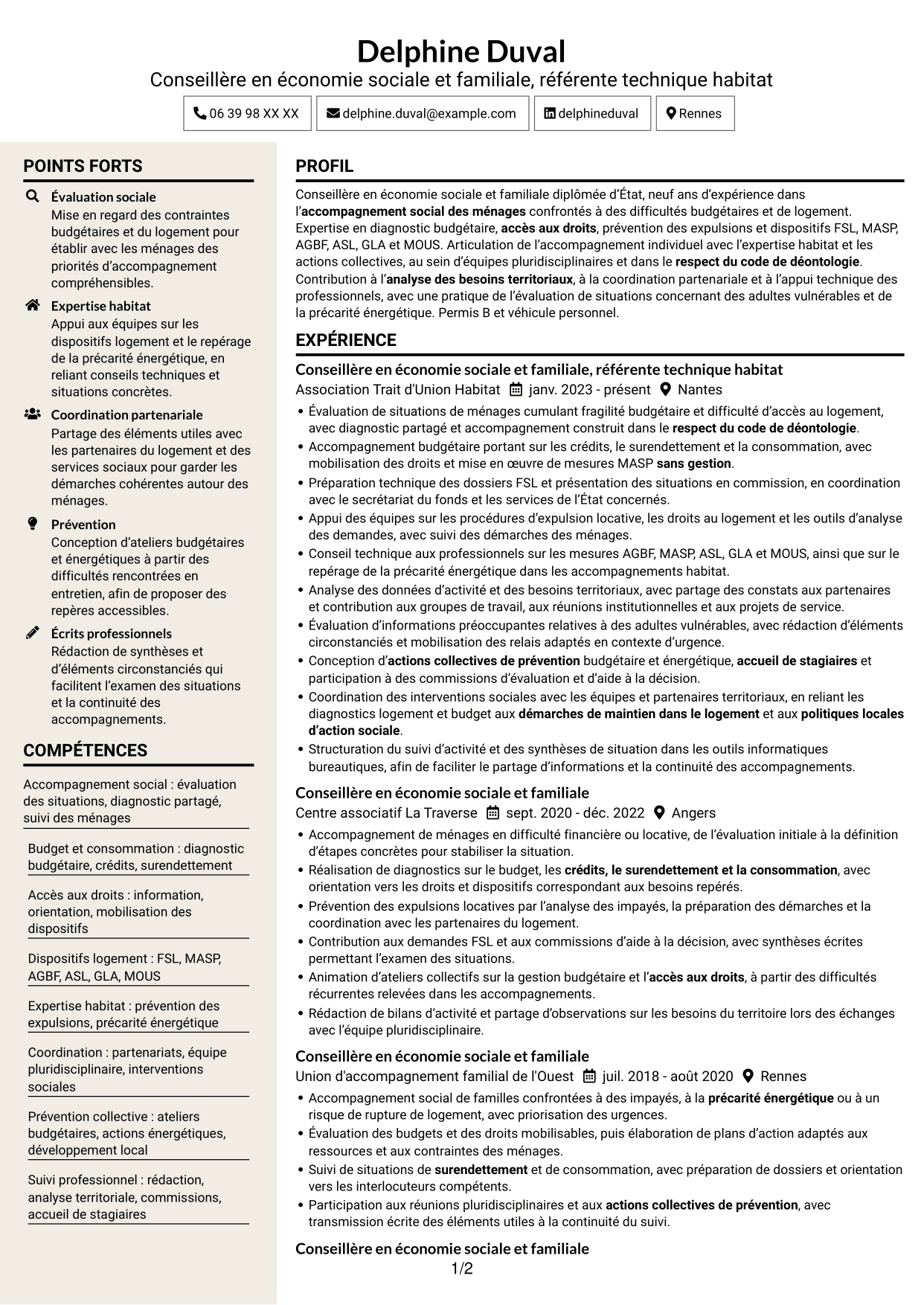 CV Fonceur (format à deux colonnes avec en-tête centré sans photo) : Conseillère en économie sociale et familiale - Logement et budget, page 1