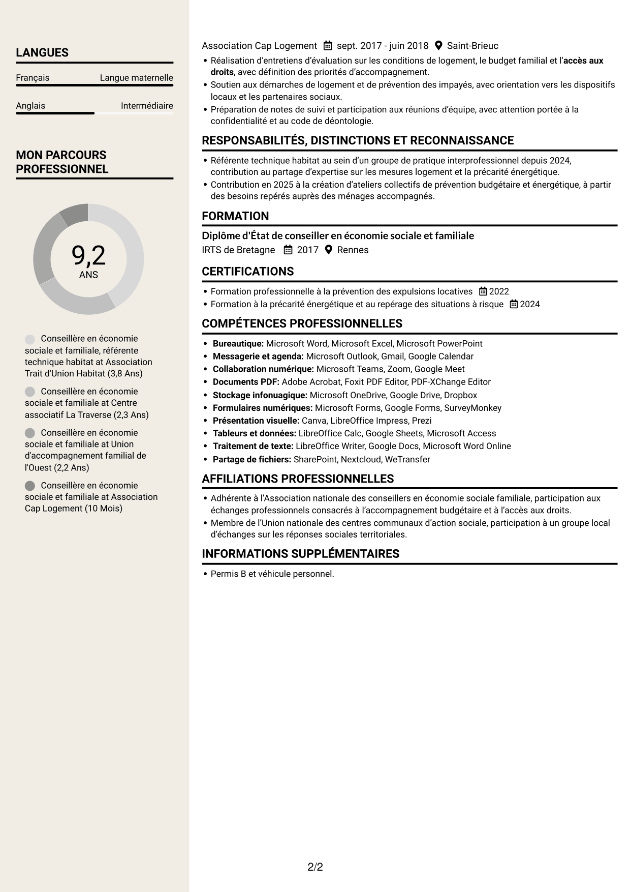 CV Fonceur (format à deux colonnes avec en-tête centré sans photo) : Conseillère en économie sociale et familiale - Logement et budget, page 2