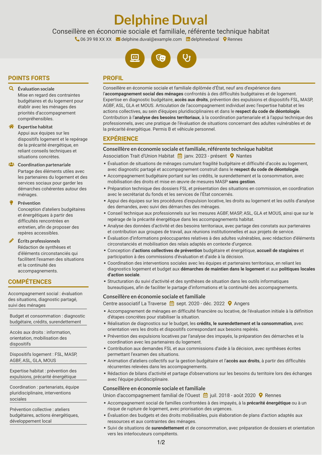 CV Dynamique (format à deux colonnes avec icônes) : Conseillère en économie sociale et familiale - Logement et budget, page 1
