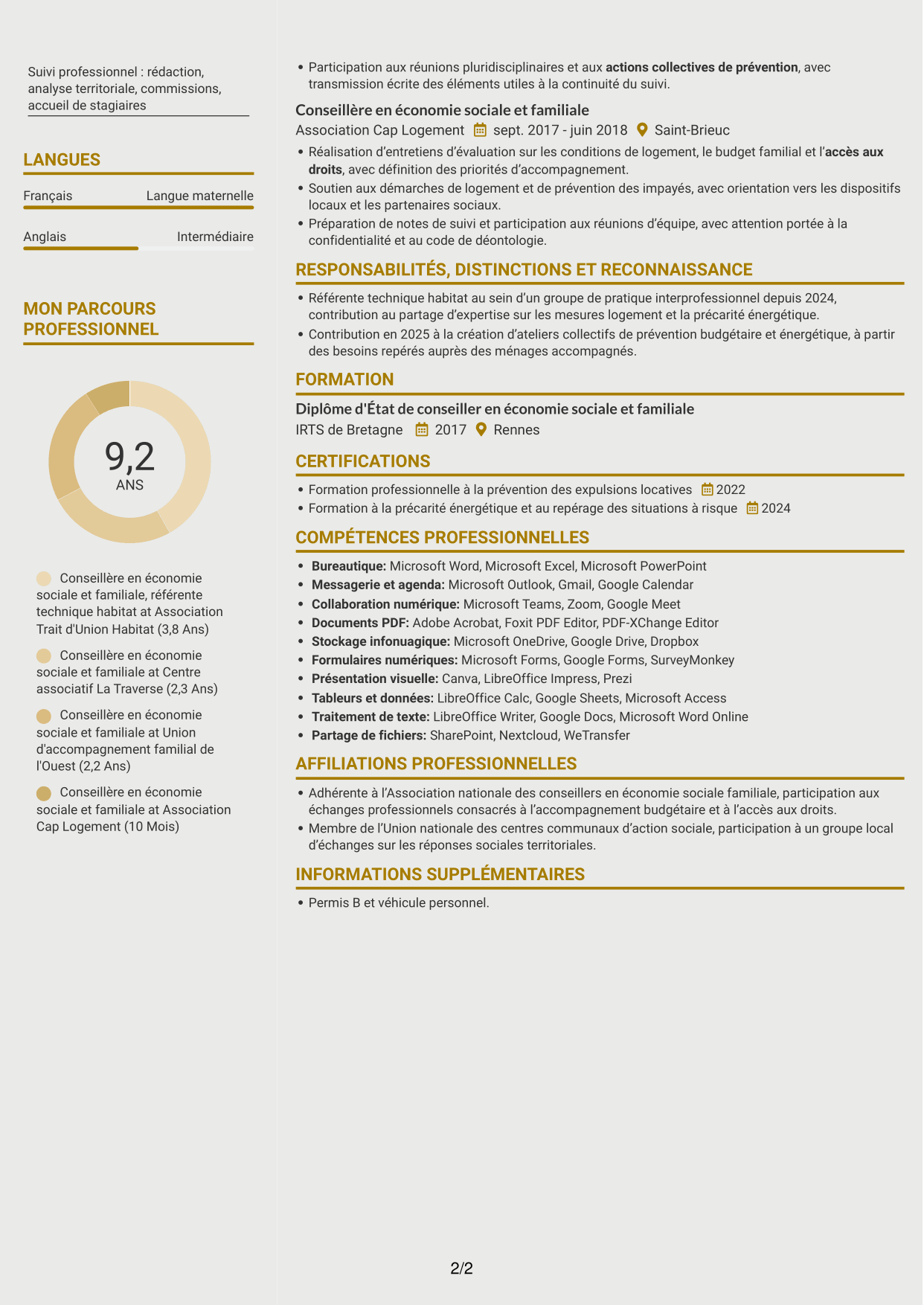 CV Dynamique (format à deux colonnes avec icônes) : Conseillère en économie sociale et familiale - Logement et budget, page 2