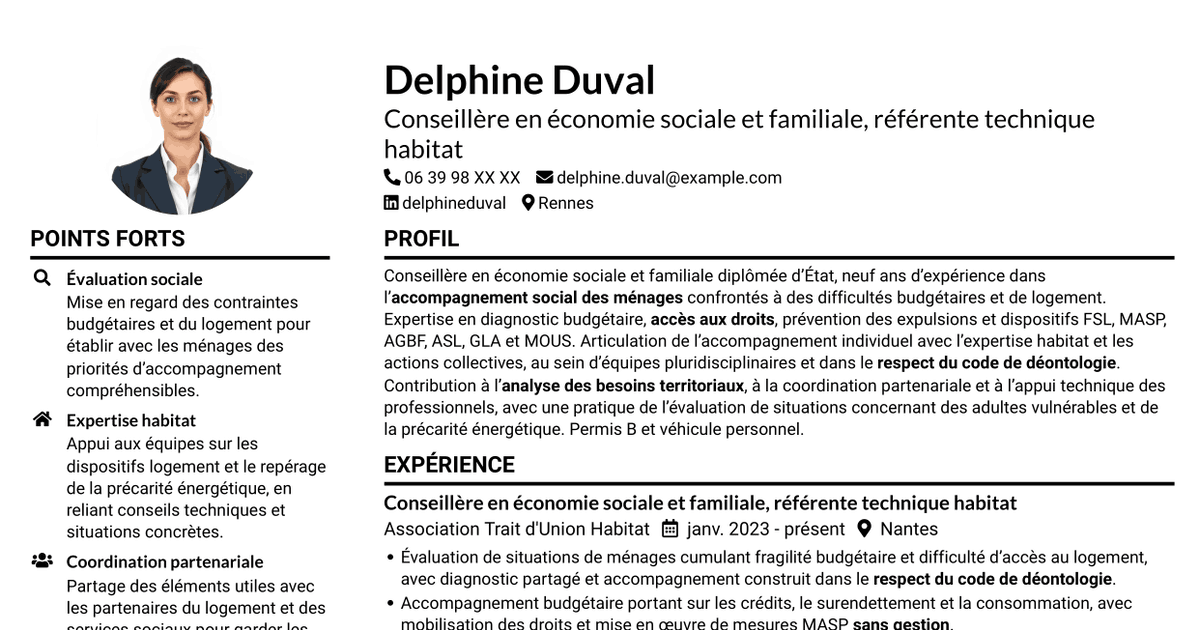 7 modèles de CV pour Conseillère en économie sociale et familiale - Logement et budget, avec exemples