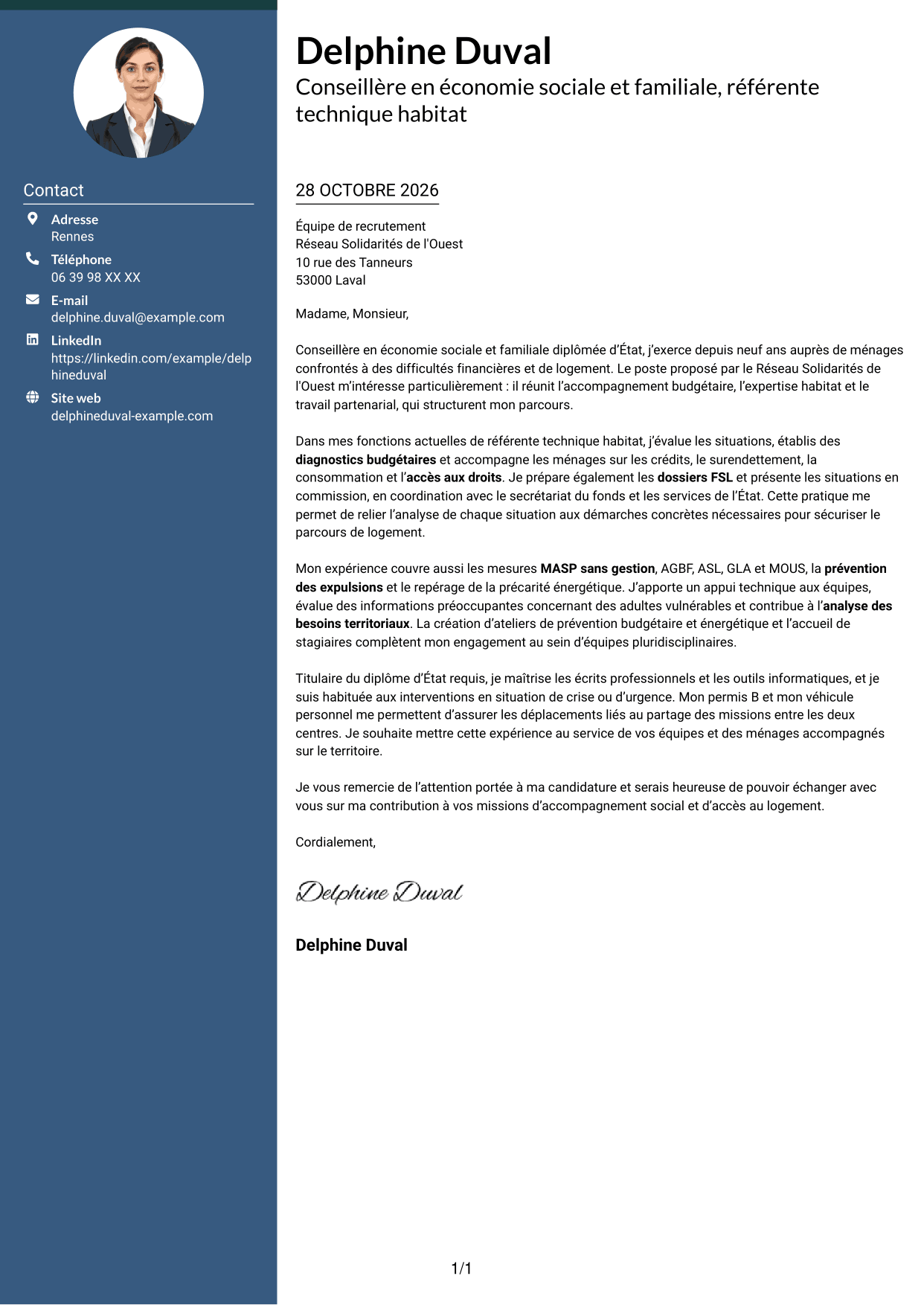 Lettre de motivation Élégant (format à colonne latérale colorée avec photo) : Conseillère en économie sociale et familiale - Logement et budget, page 1