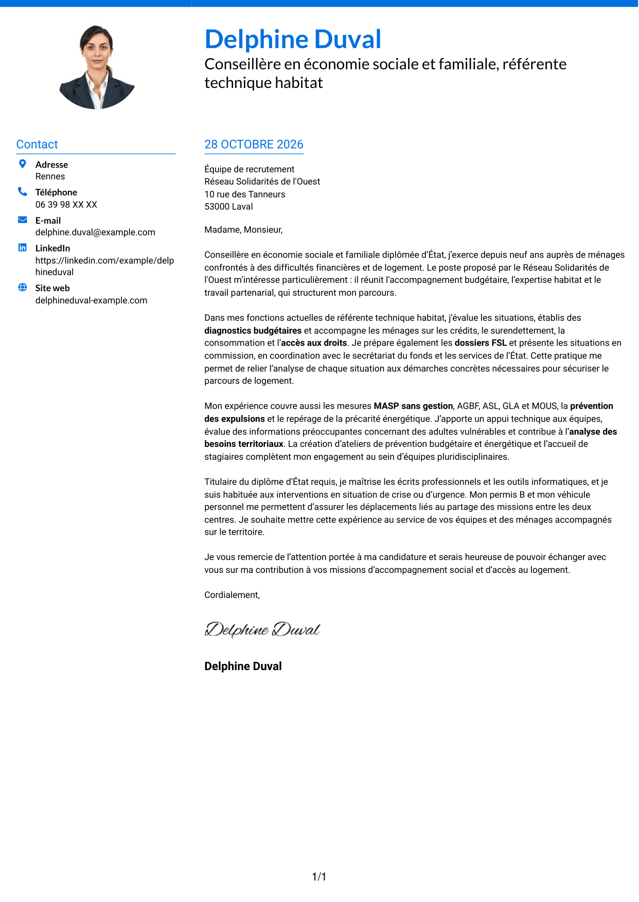 Lettre de motivation Audacieux (format à deux colonnes avec accents colorés et photo) : Conseillère en économie sociale et familiale - Logement et budget, page 1