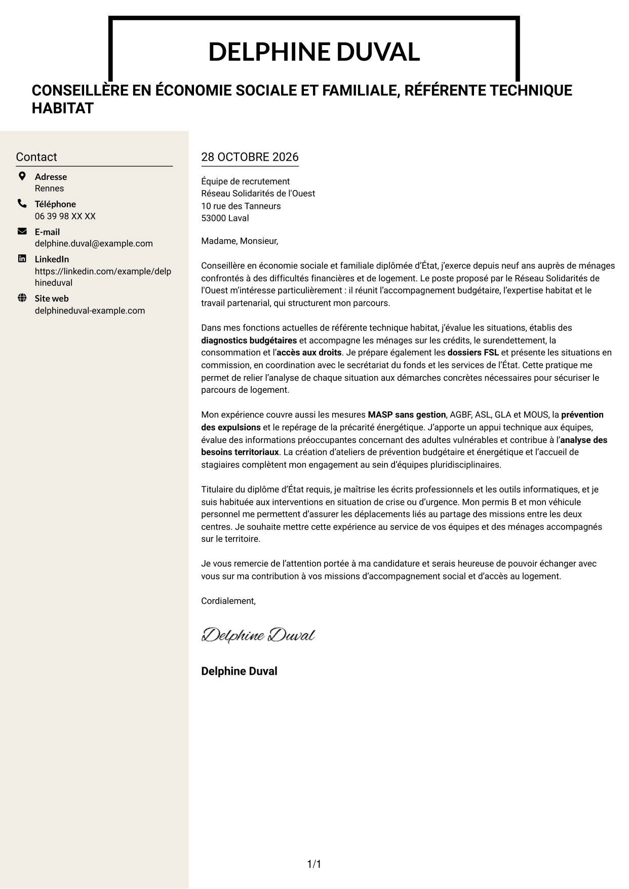 Lettre de motivation Fonceur (format à deux colonnes avec en-tête centré sans photo) : Conseillère en économie sociale et familiale - Logement et budget, page 1