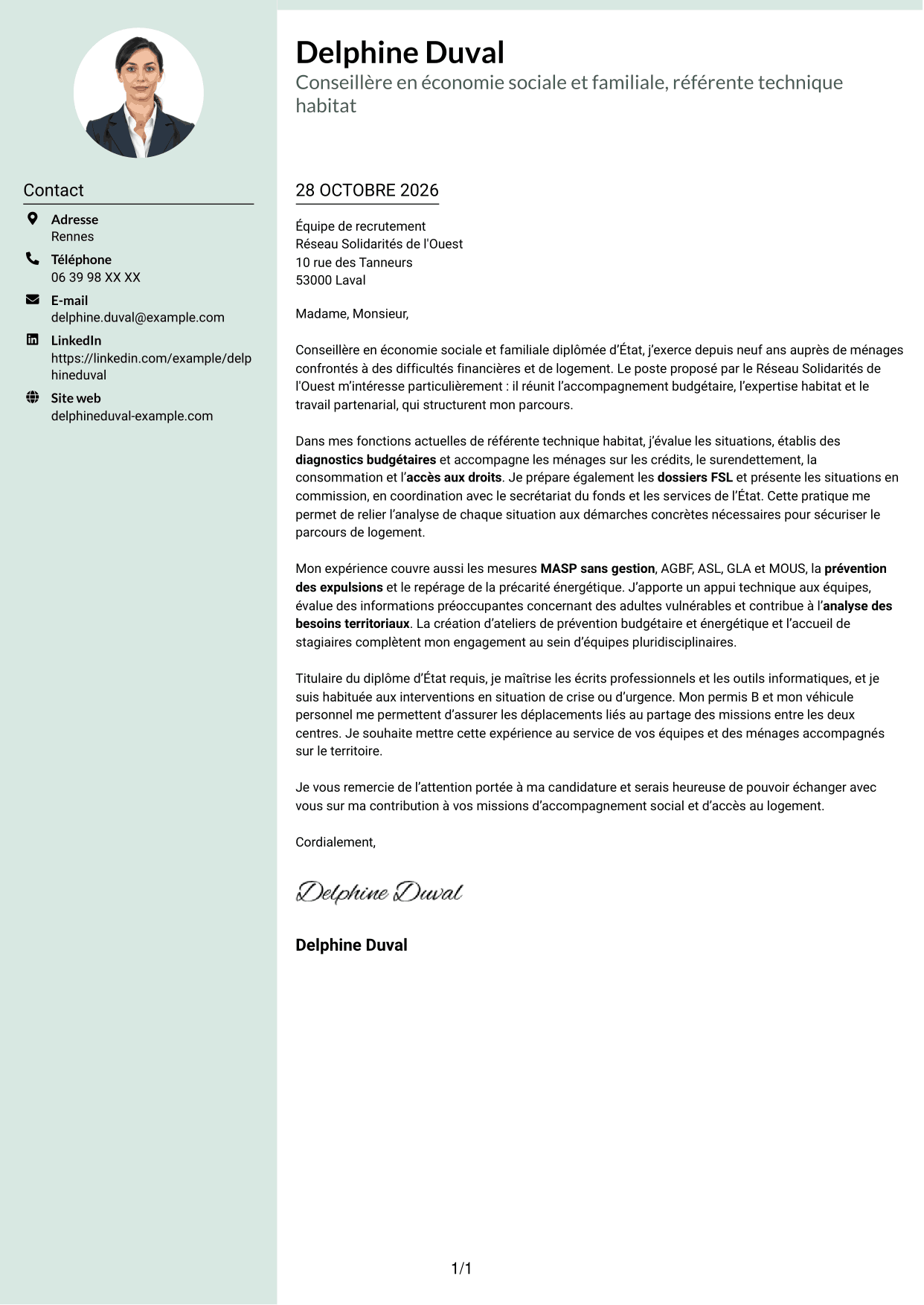 Lettre de motivation Cadre (format à colonne latérale douce avec photo arrondie) : Conseillère en économie sociale et familiale - Logement et budget, page 1