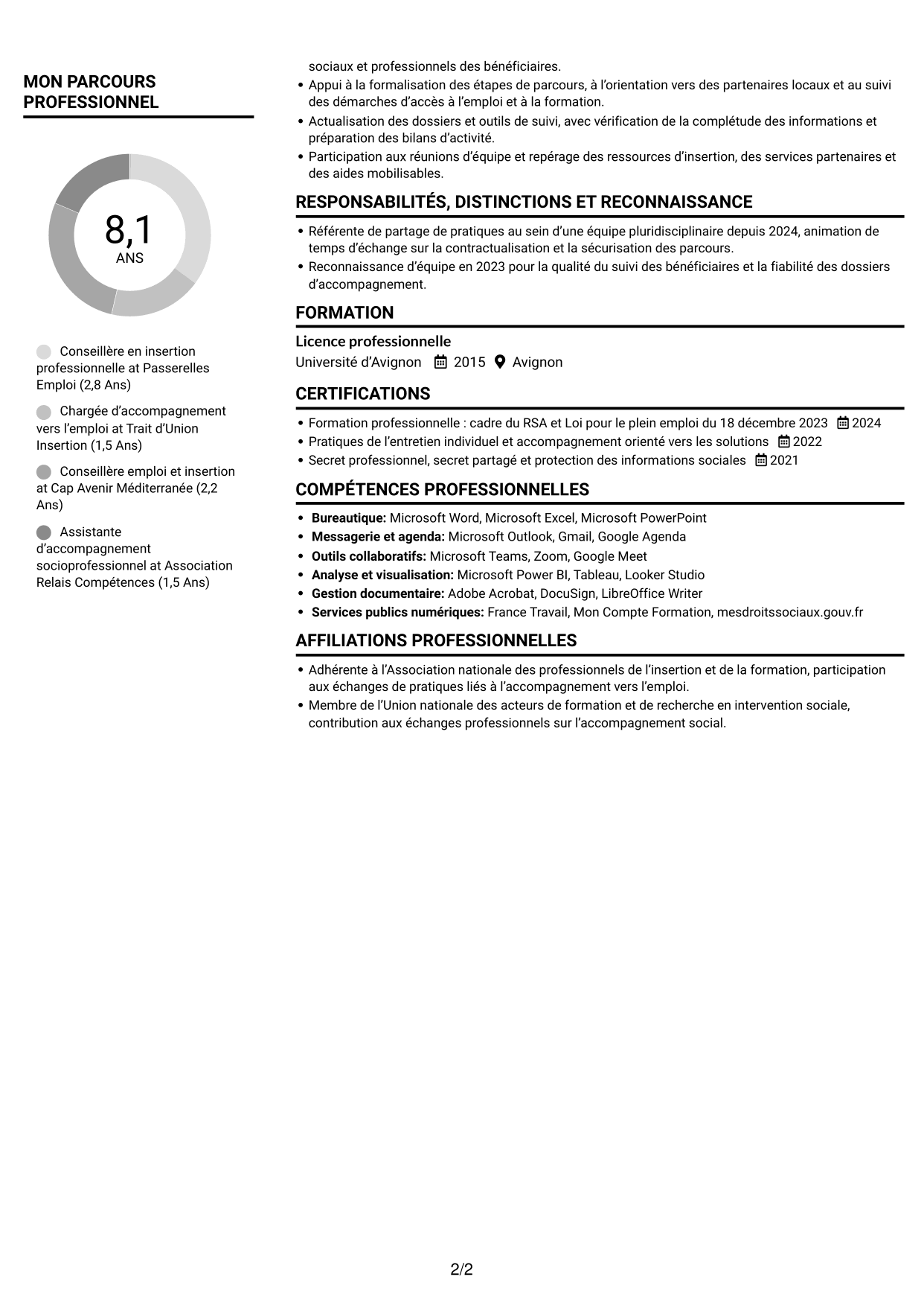 CV Compact (format sobre à deux colonnes avec photo) : Conseiller en insertion professionnelle - Parcours RSA, page 2