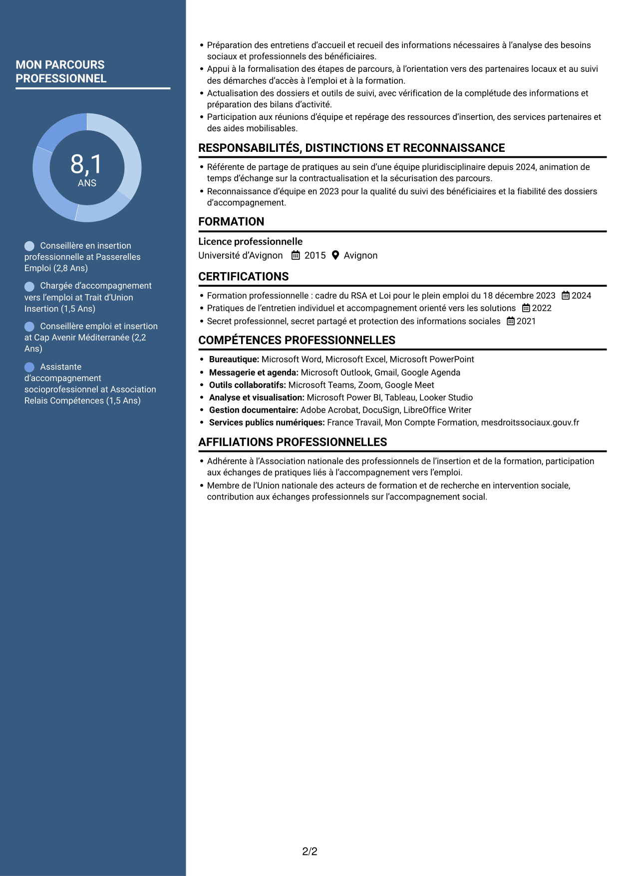 CV Élégant (format à colonne latérale colorée avec photo) : Conseiller en insertion professionnelle - Parcours RSA, page 2