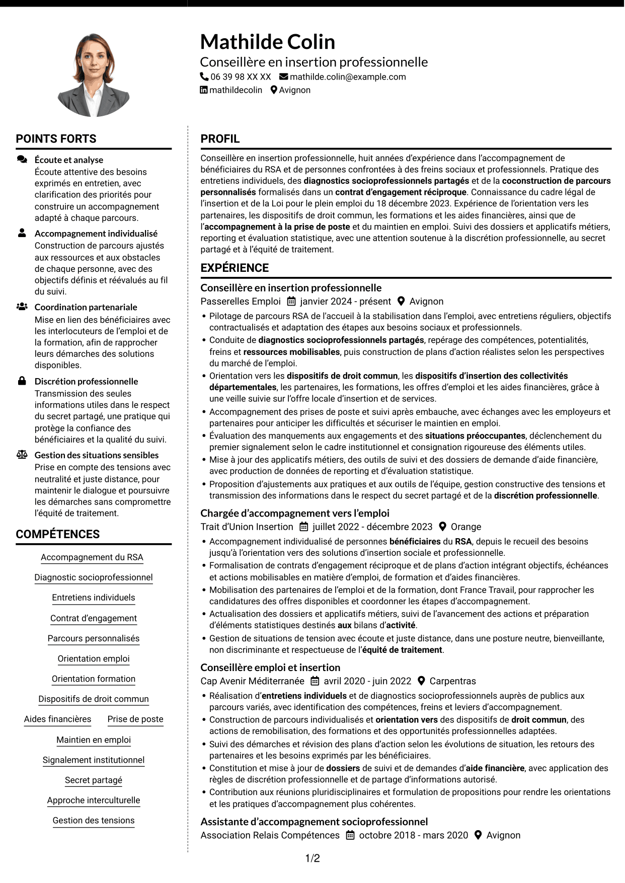 CV Moderne (format à deux colonnes avec photo à gauche et séparateur) : Conseiller en insertion professionnelle - Parcours RSA, page 1