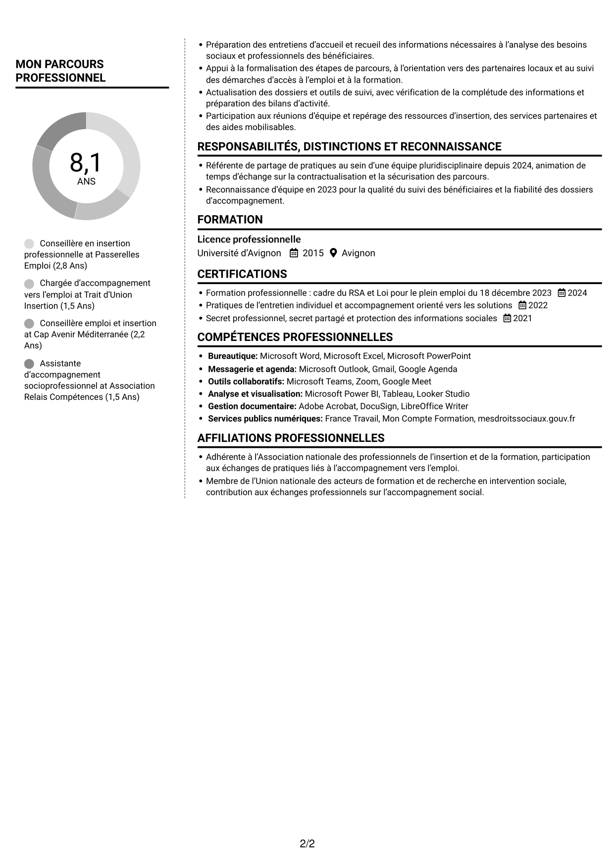 CV Moderne (format à deux colonnes avec photo à gauche et séparateur) : Conseiller en insertion professionnelle - Parcours RSA, page 2