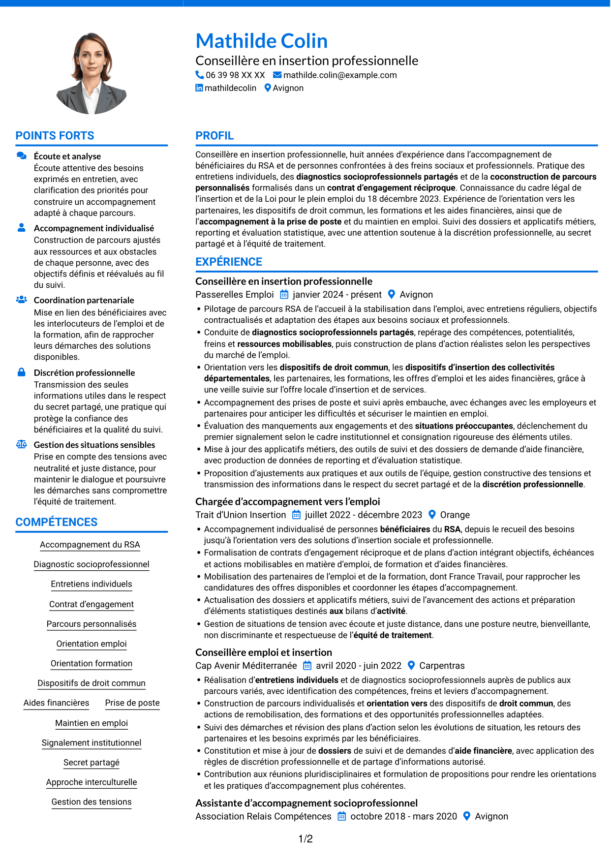 CV Audacieux (format à deux colonnes avec accents colorés et photo) : Conseiller en insertion professionnelle - Parcours RSA, page 1
