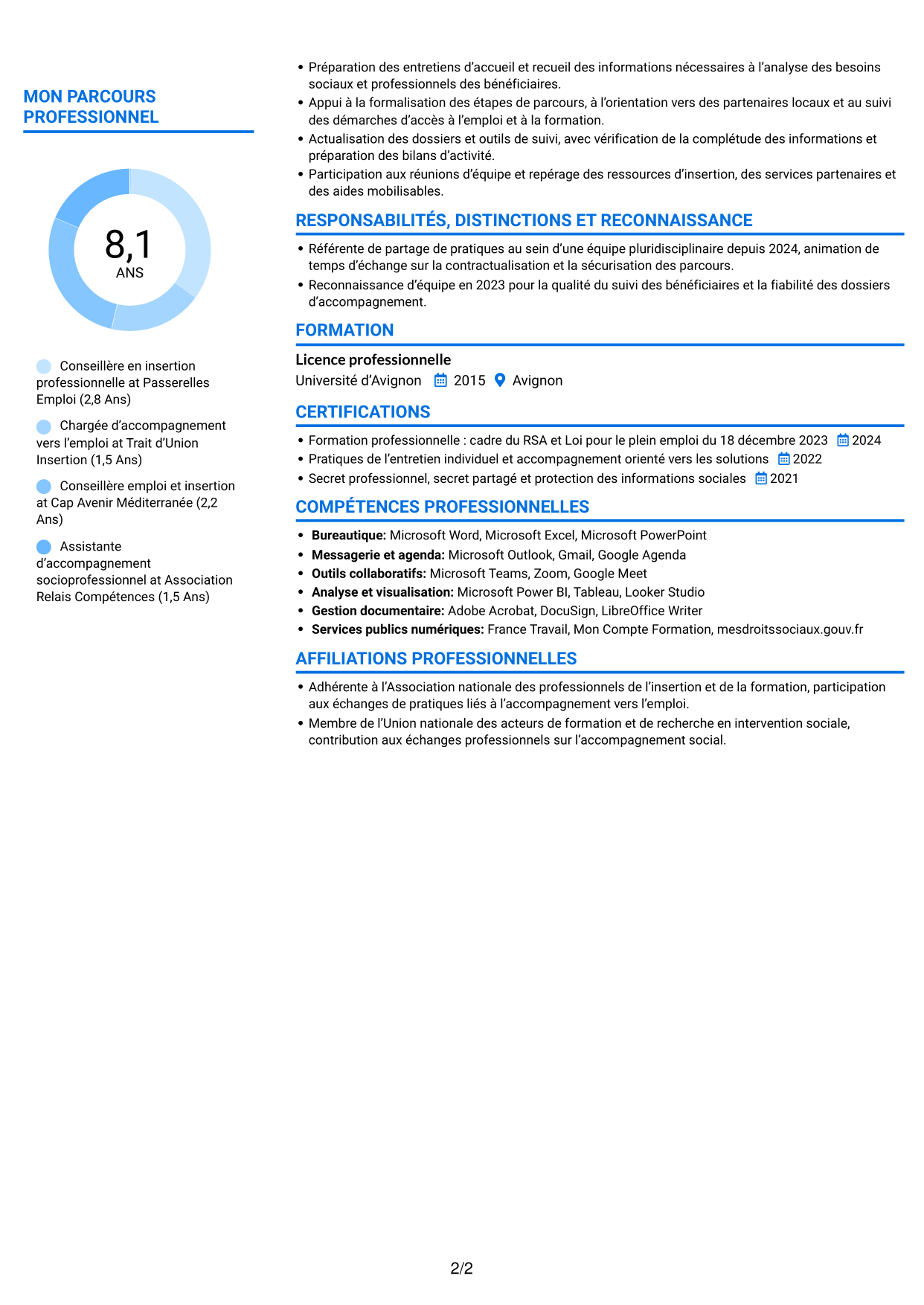 CV Audacieux (format à deux colonnes avec accents colorés et photo) : Conseiller en insertion professionnelle - Parcours RSA, page 2