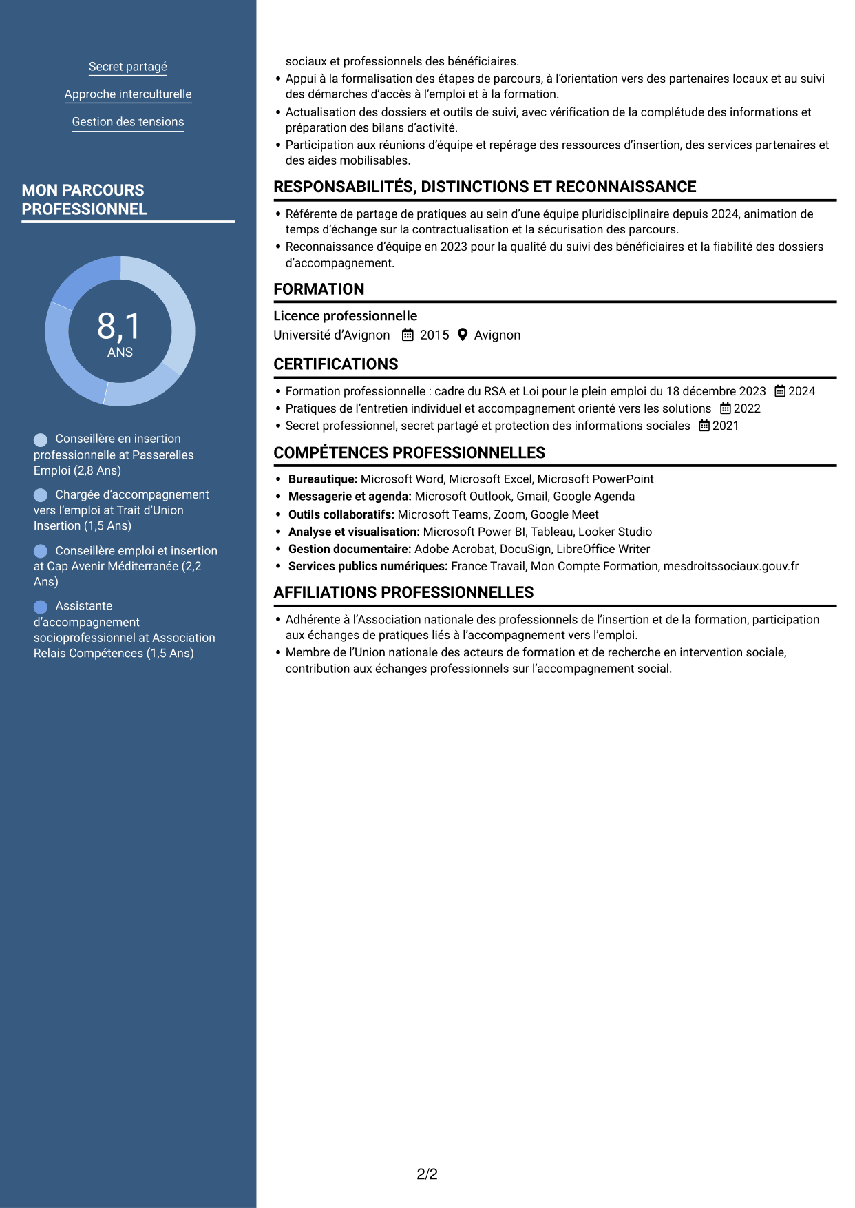 CV Signature (format à colonne latérale colorée avec grande photo) : Conseiller en insertion professionnelle - Parcours RSA, page 2