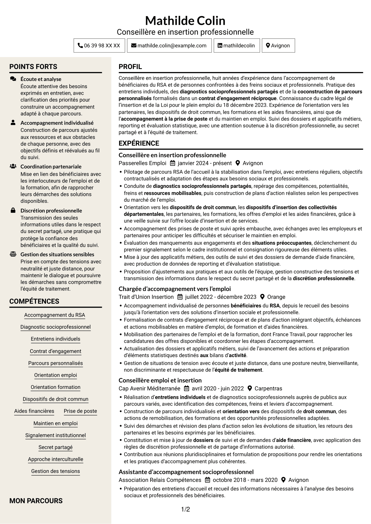 CV Fonceur (format à deux colonnes avec en-tête centré sans photo) : Conseiller en insertion professionnelle - Parcours RSA, page 1