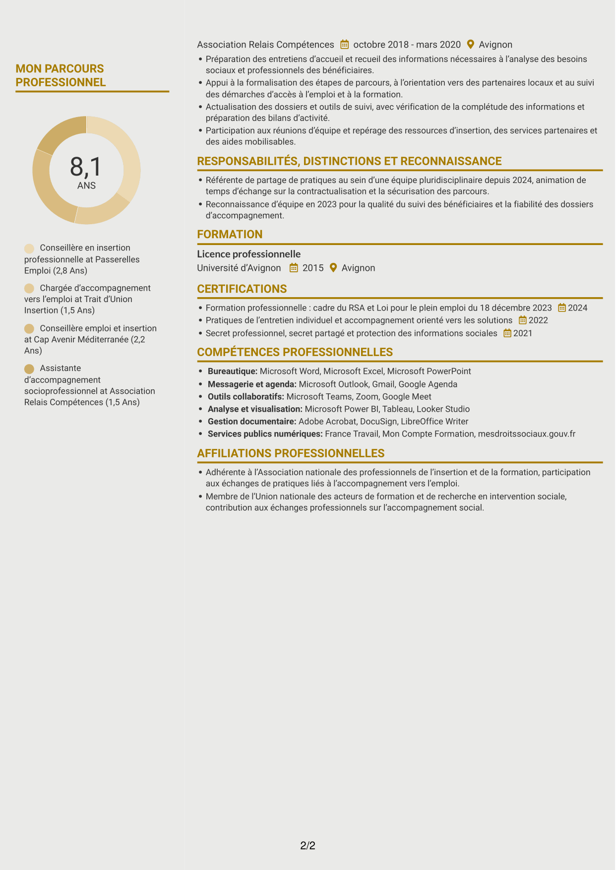 CV Dynamique (format à deux colonnes avec icônes) : Conseiller en insertion professionnelle - Parcours RSA, page 2