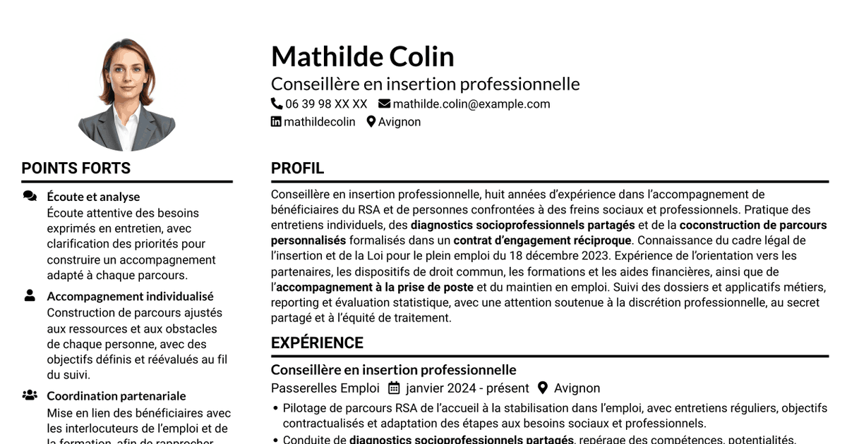 7 modèles de CV pour Conseiller en insertion professionnelle - Parcours RSA, avec exemples
