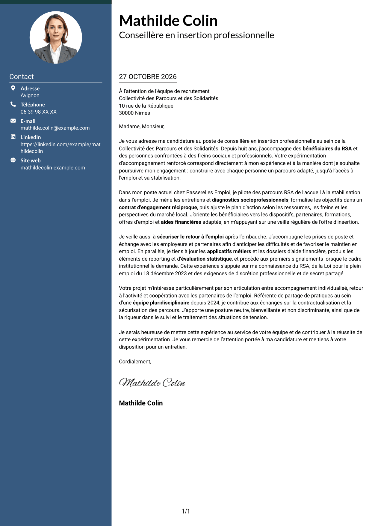 Lettre de motivation Élégant (format à colonne latérale colorée avec photo) : Conseiller en insertion professionnelle - Parcours RSA, page 1