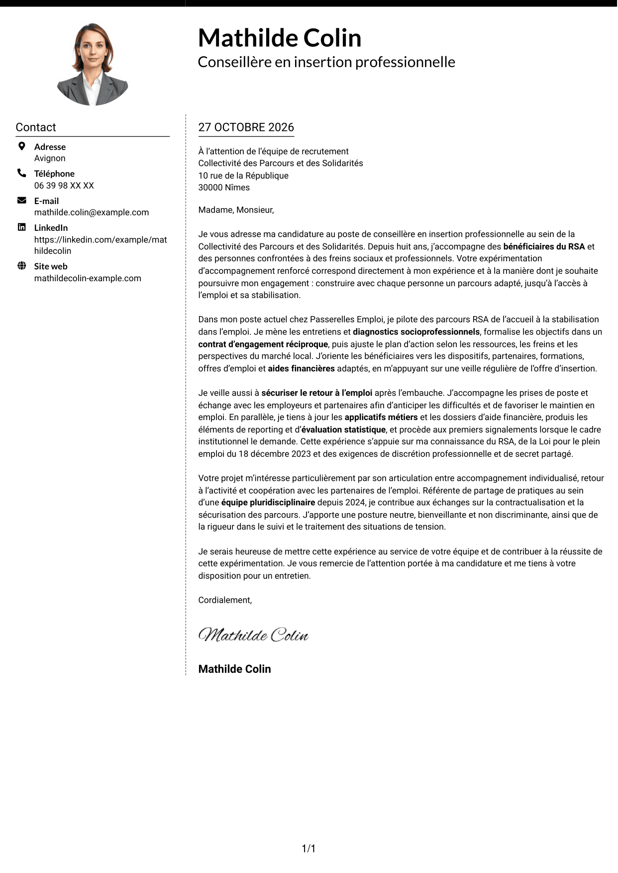 Lettre de motivation Moderne (format à deux colonnes avec photo à gauche et séparateur) : Conseiller en insertion professionnelle - Parcours RSA, page 1
