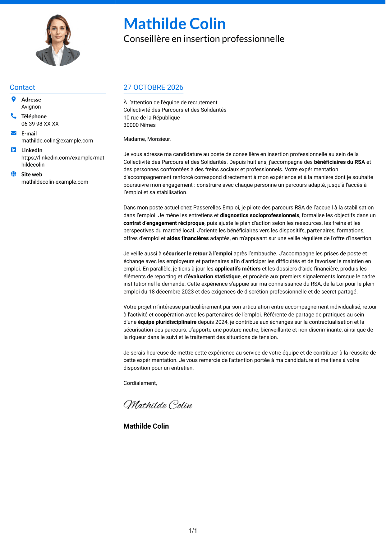 Lettre de motivation Audacieux (format à deux colonnes avec accents colorés et photo) : Conseiller en insertion professionnelle - Parcours RSA, page 1