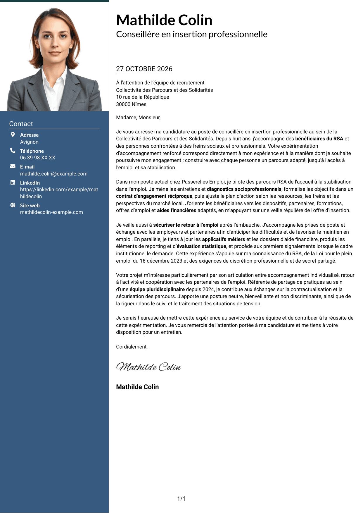 Lettre de motivation Signature (format à colonne latérale colorée avec grande photo) : Conseiller en insertion professionnelle - Parcours RSA, page 1