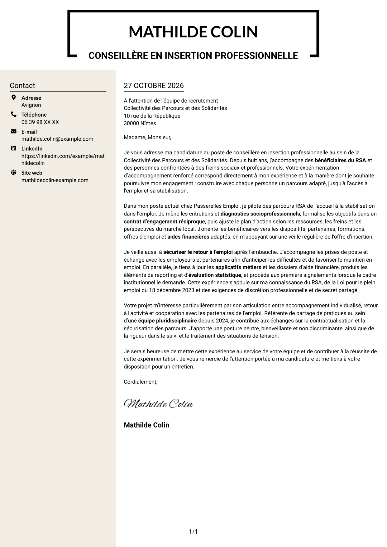Lettre de motivation Fonceur (format à deux colonnes avec en-tête centré sans photo) : Conseiller en insertion professionnelle - Parcours RSA, page 1