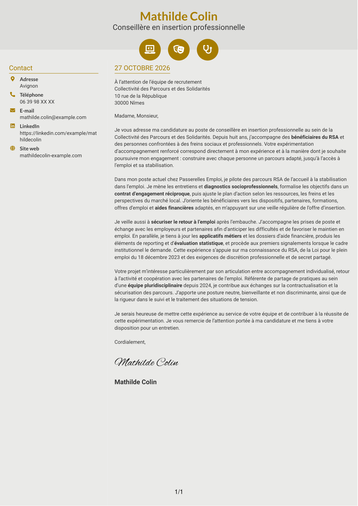 Lettre de motivation Dynamique (format à deux colonnes avec icônes) : Conseiller en insertion professionnelle - Parcours RSA, page 1