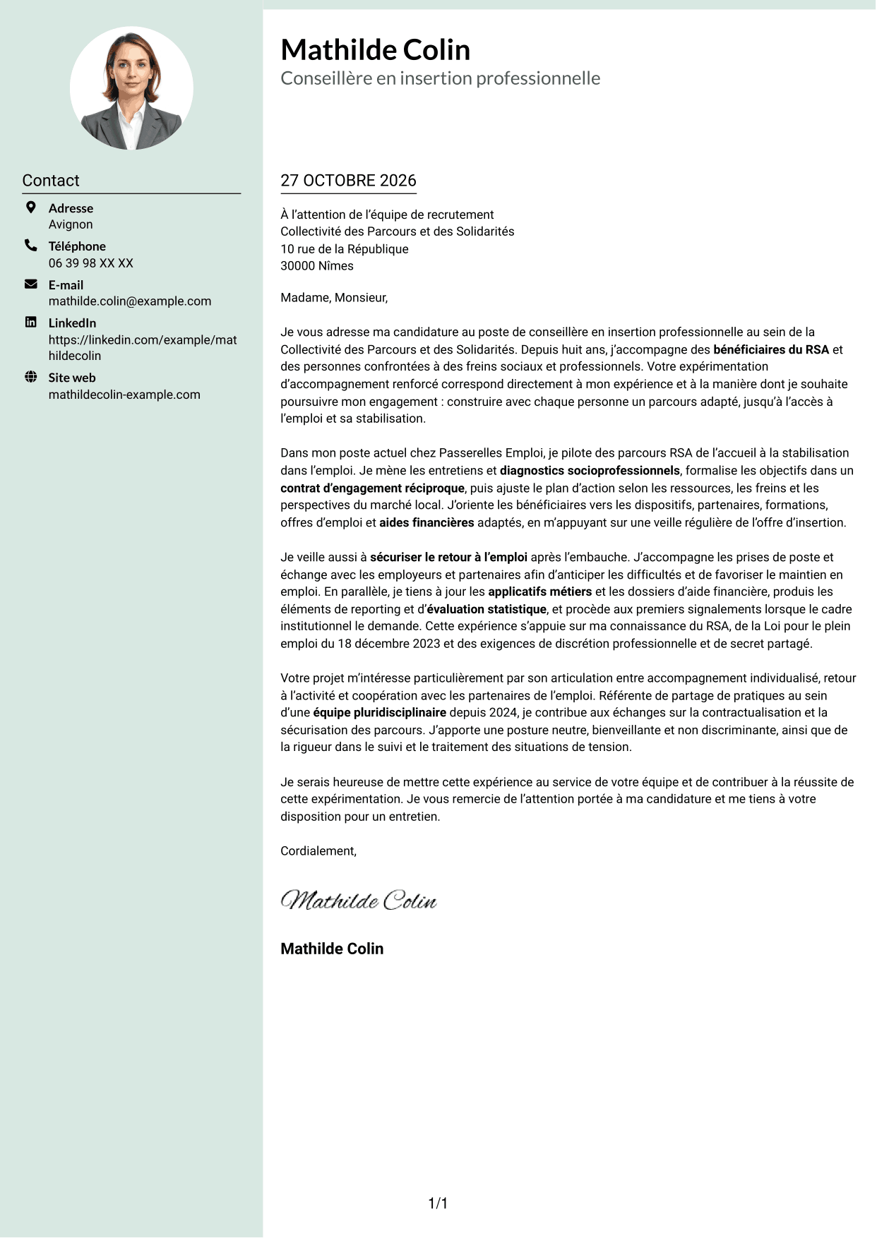 Lettre de motivation Cadre (format à colonne latérale douce avec photo arrondie) : Conseiller en insertion professionnelle - Parcours RSA, page 1