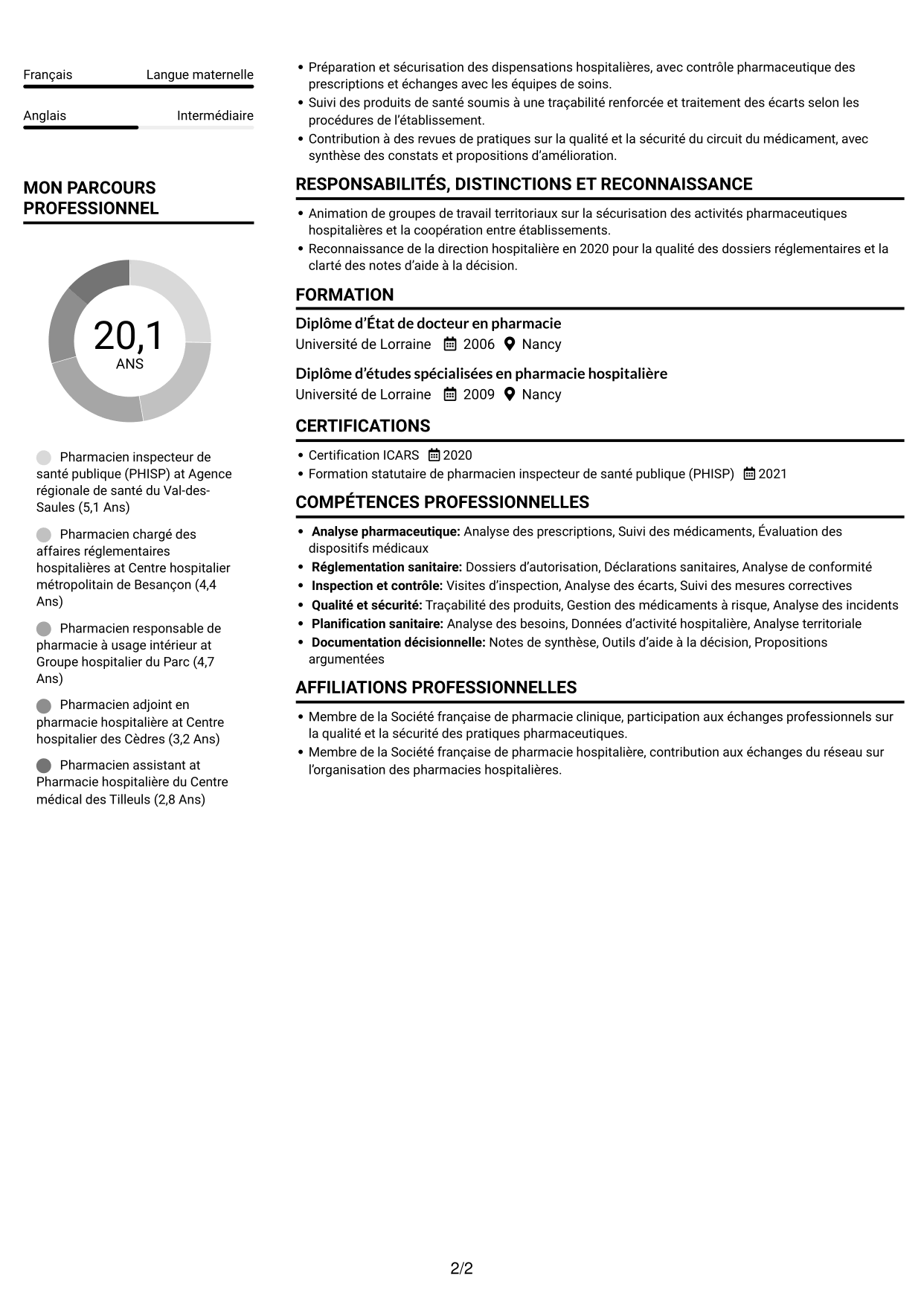 CV Compact (format sobre à deux colonnes avec photo) : Conseiller pharmaceutique - PUI et biologie médicale, page 2