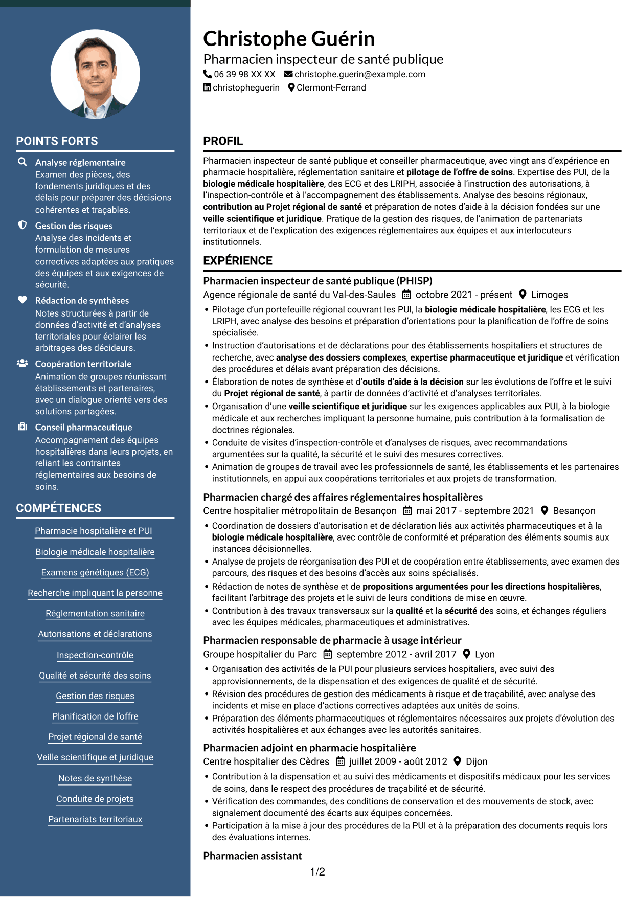 CV Élégant (format à colonne latérale colorée avec photo) : Conseiller pharmaceutique - PUI et biologie médicale, page 1