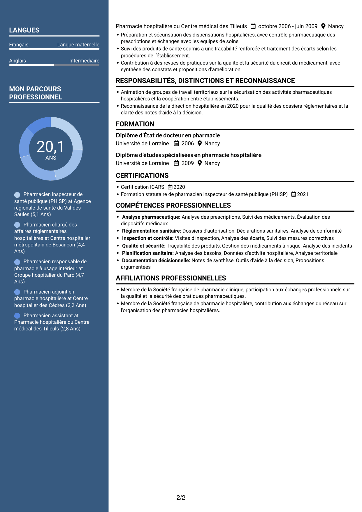 CV Élégant (format à colonne latérale colorée avec photo) : Conseiller pharmaceutique - PUI et biologie médicale, page 2
