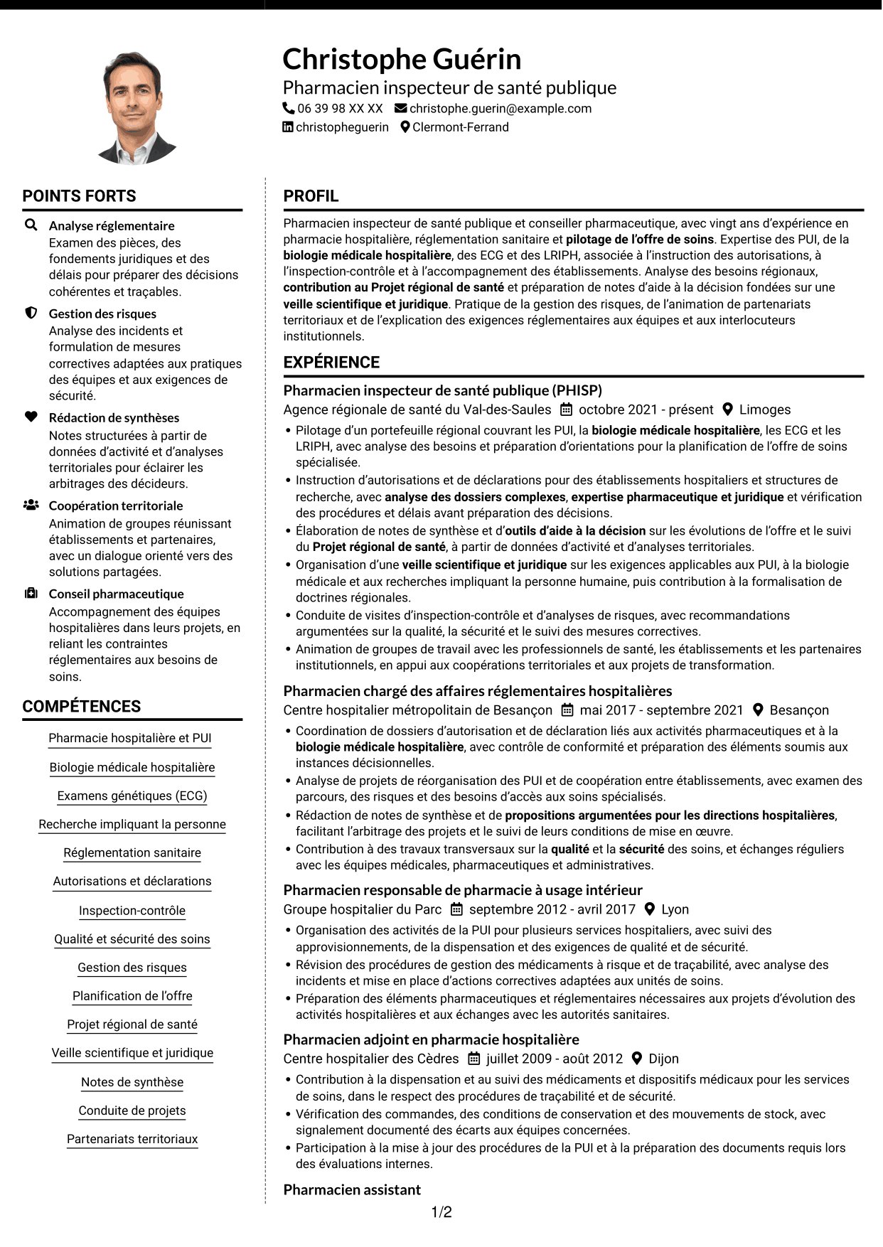 CV Moderne (format à deux colonnes avec photo à gauche et séparateur) : Conseiller pharmaceutique - PUI et biologie médicale, page 1